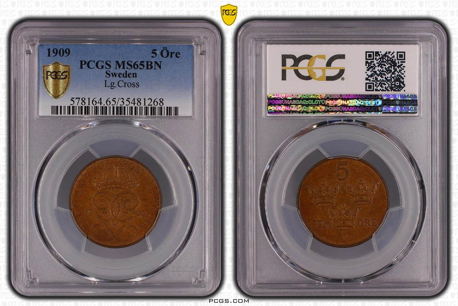 SWEDEN, Gustaf V, 5 Ore 1909, Large cross, Rare!, Top Pop, PCGS MS 65 BN