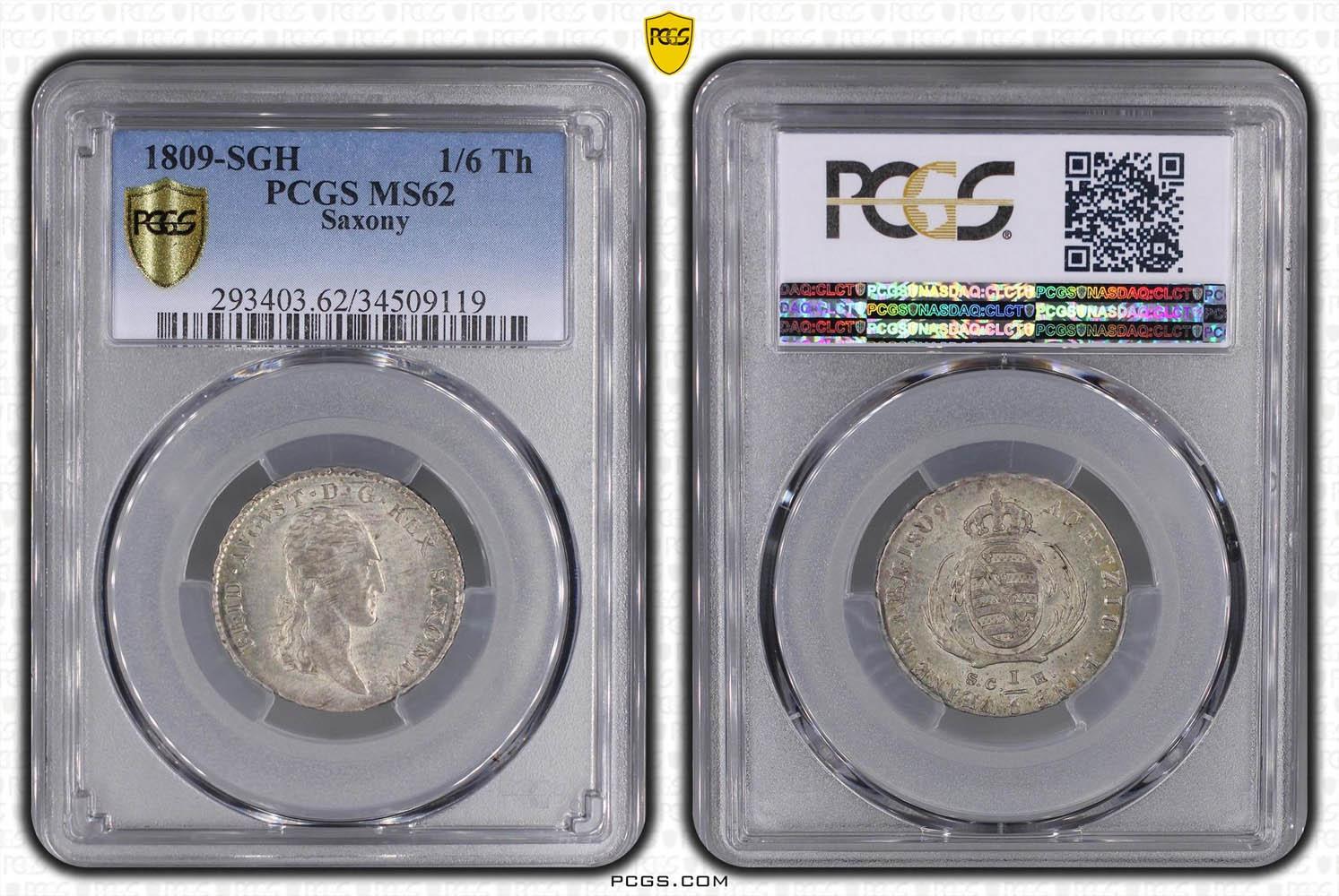 Germany, Saxony, Friedrich August I, 1/6 Taler 1809, PCGS MS 62