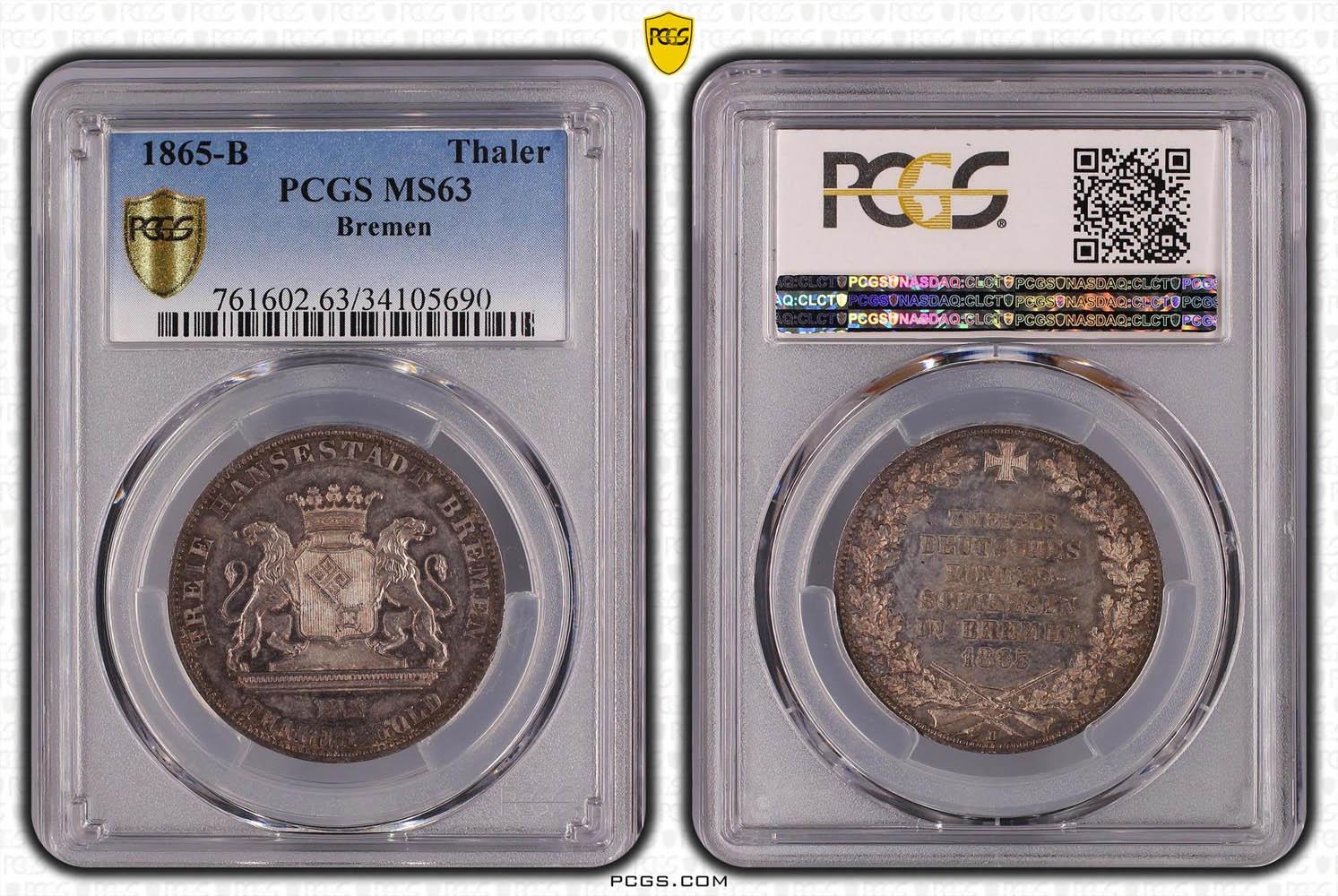 Germany, Bremen, Taler 1865, Shooting Festival, PCGS MS 63