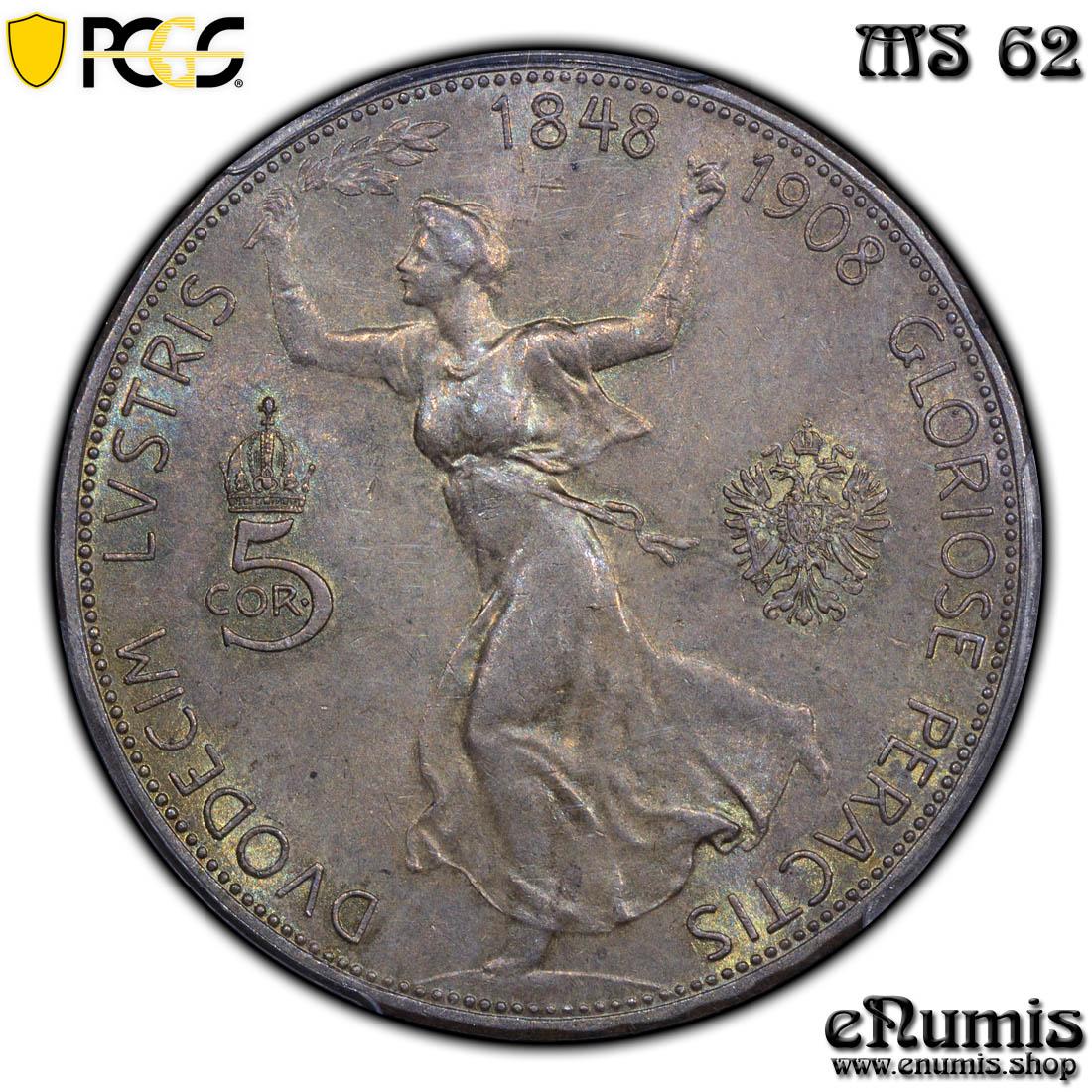 AUSTRIA, Franz Joseph I, 5 Corona 1908, 60th anniversary of reign, PCGS MS 62