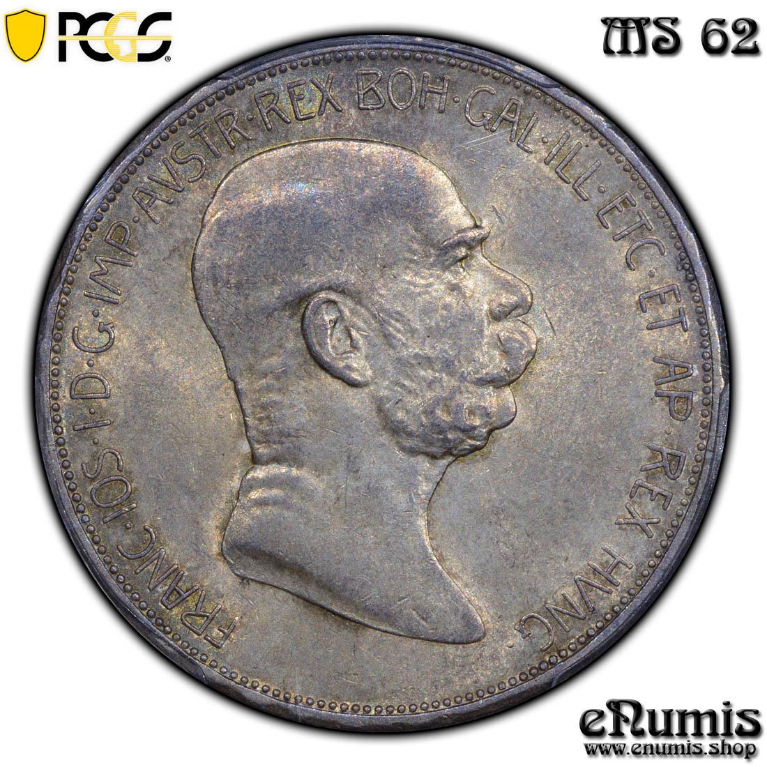 AUSTRIA, Franz Joseph I, 5 Corona 1908, 60th anniversary of reign, PCGS MS 62