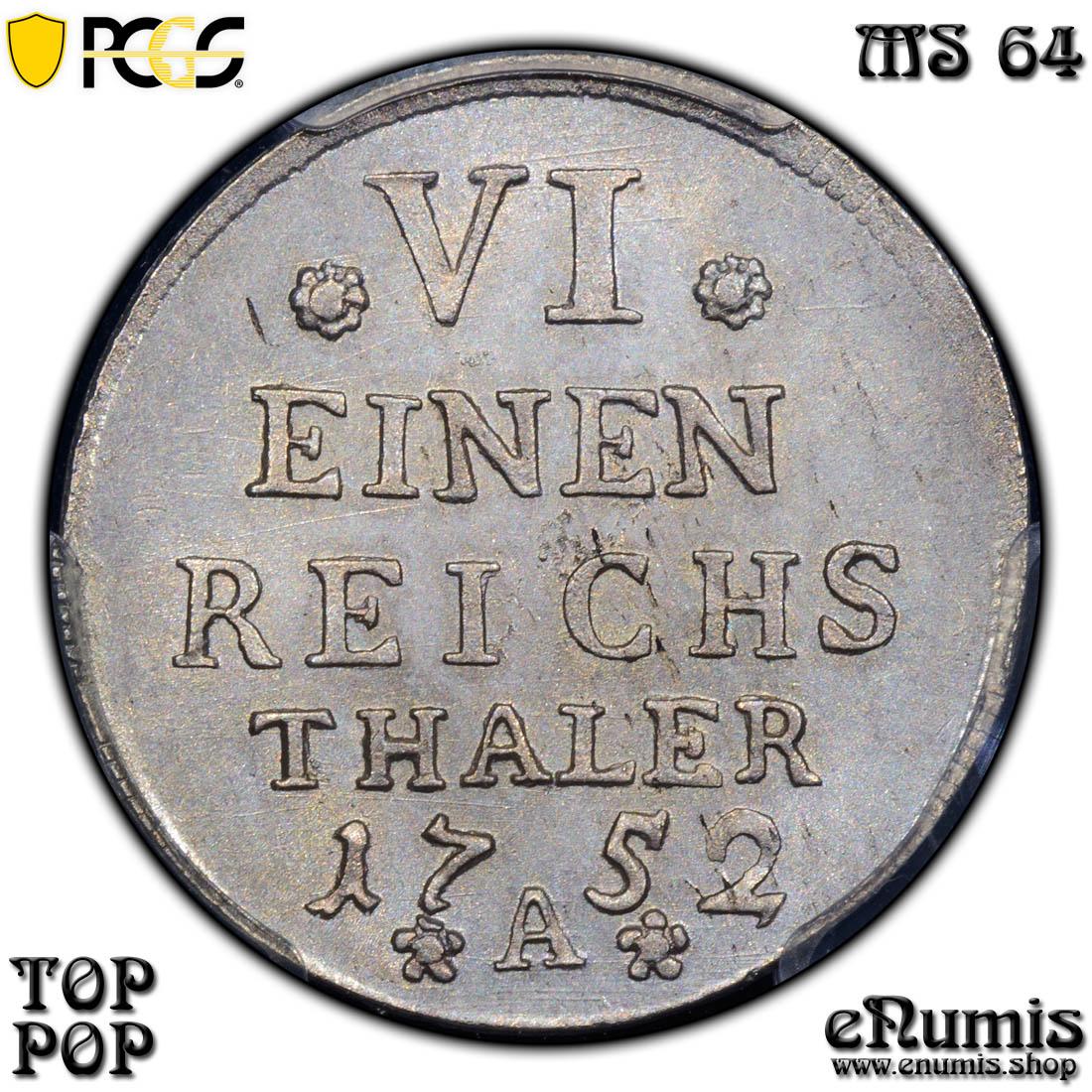 Germany, Prussia, Friedrich II the Great, 1/6 Taler 1752, Top Pop, PCGS MS 64 Germany, Prussia, Friedrich II the Great, 1/6 Taler 1752, Top Pop, PCGS MS 64