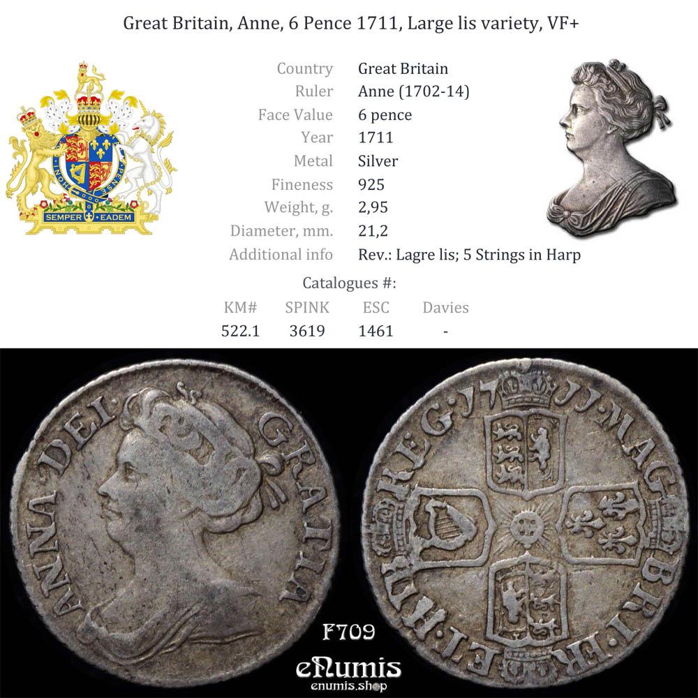 Great Britain, Anne, 6 Pence 1711, Large lis variety, VF+