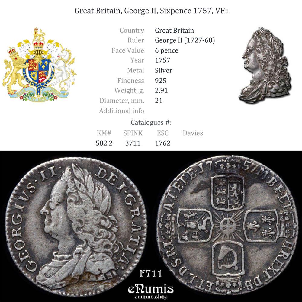 Great Britain, George II, Sixpence 1757, VF+