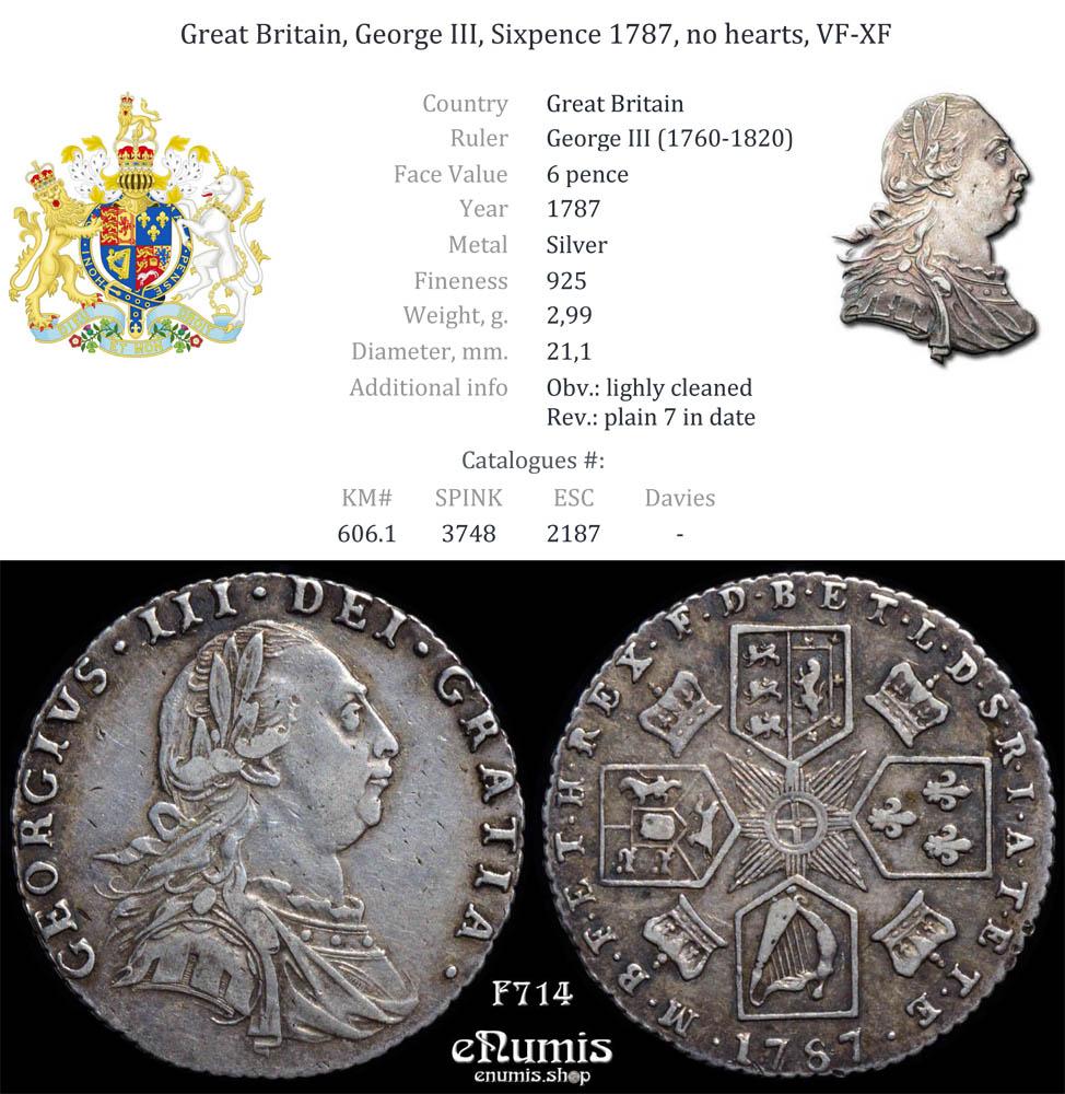 Great Britain, George III, Sixpence 1787, no hearts, VF-XF Great Britain, George III, Sixpence 1787, no hearts, VF-XF
