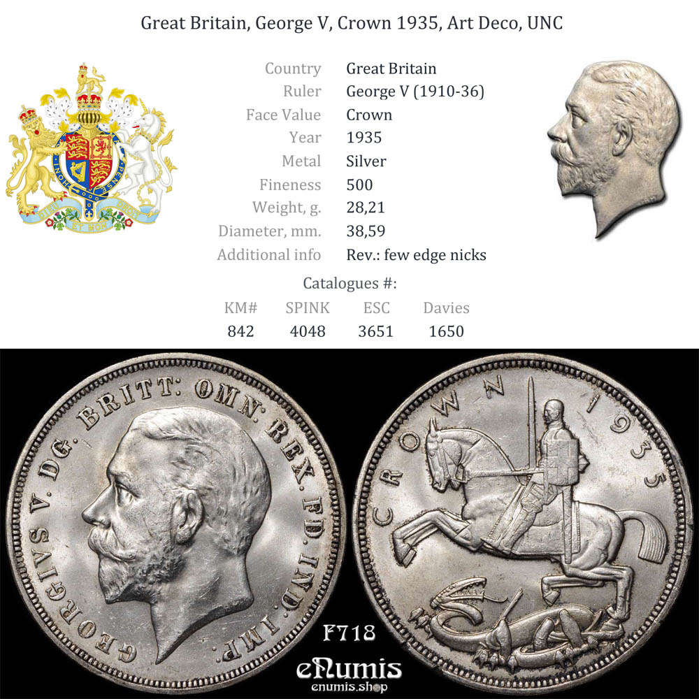 Great Britain, George V, Crown 1935, Art Deco, UNC