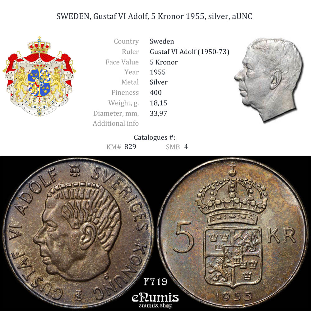 SWEDEN, Gustaf VI Adolf, 5 Kronor 1955, silver, aUNC