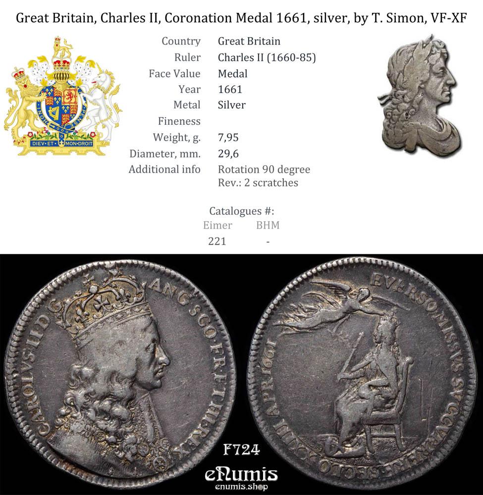 Great Britain, Charles II, Coronation Medal 1661, silver, by T. Simon, VF-XF Great Britain, Charles II, Coronation Medal 1661, silver, by T. Simon, VF-XF