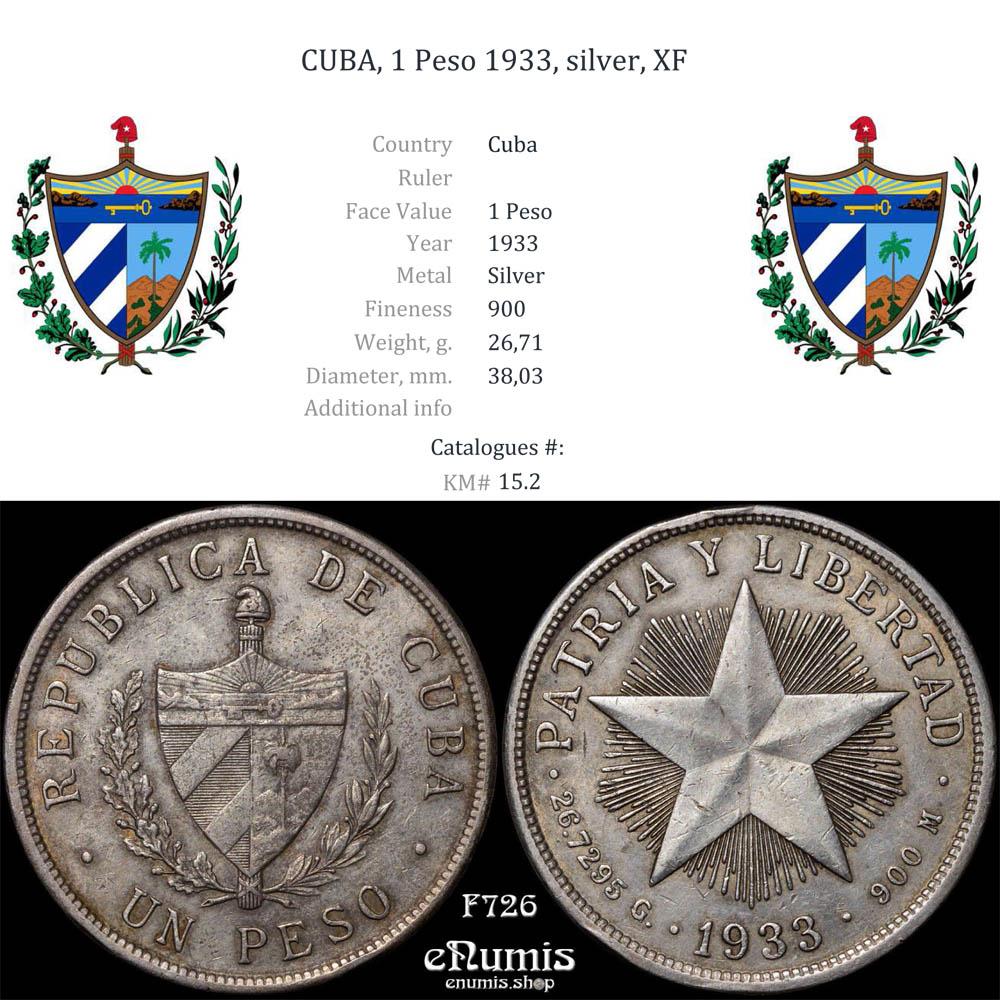 CUBA, 1 Peso 1933, silver, XF CUBA, 1 Peso 1933, silver, XF