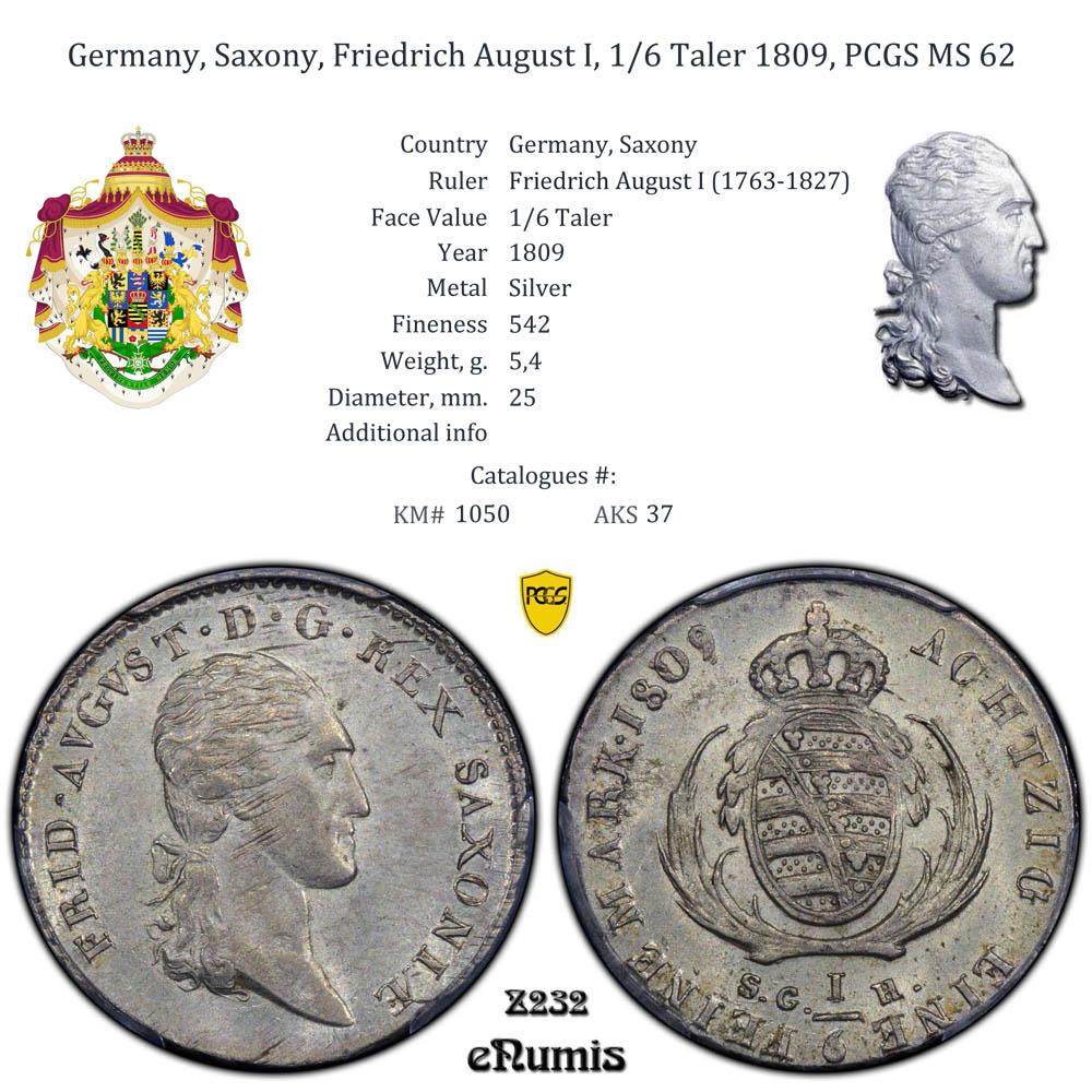 Germany, Saxony, Friedrich August I, 1/6 Taler 1809, PCGS MS 62