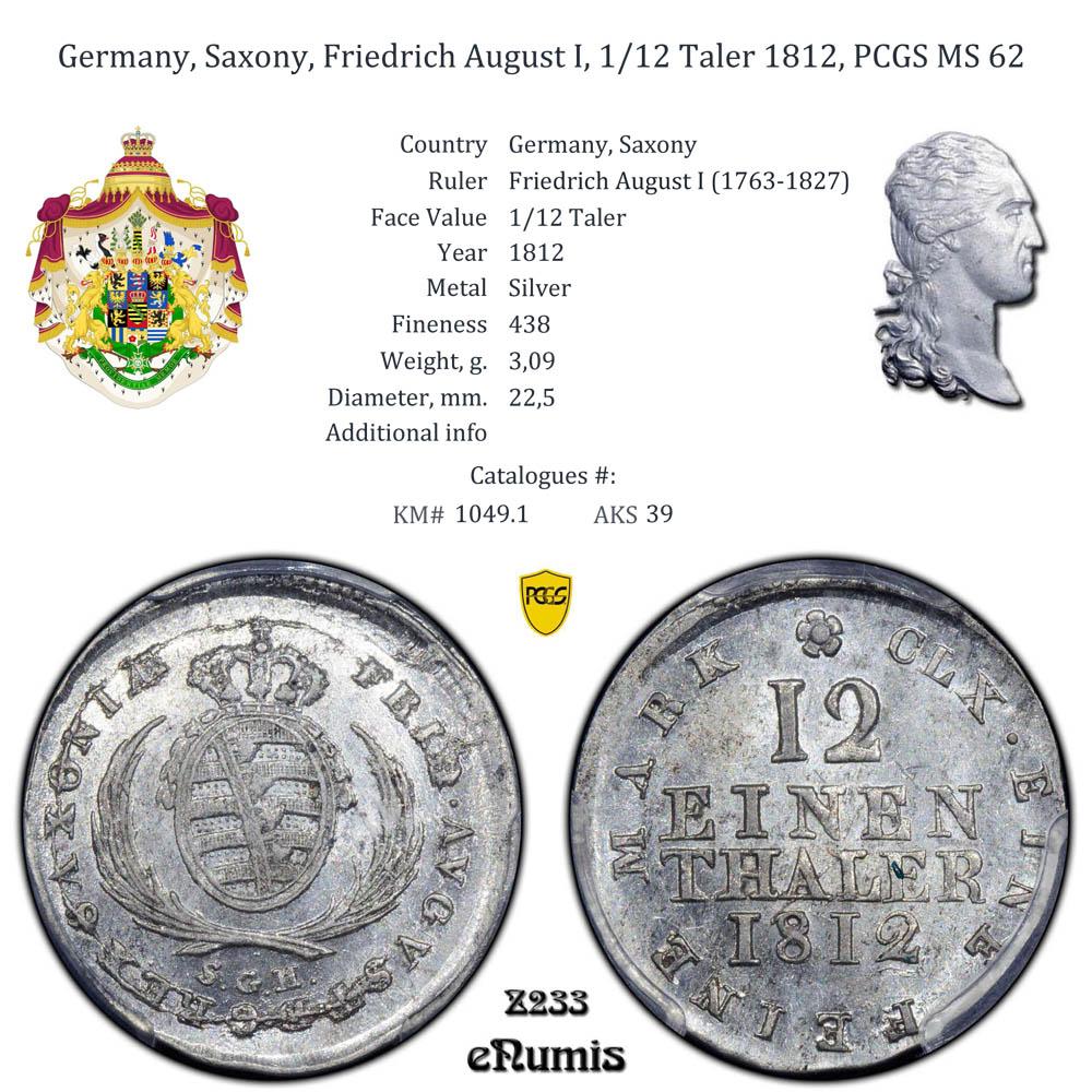 Germany, Saxony, Friedrich August I, 1/12 Taler 1812, PCGS MS 62