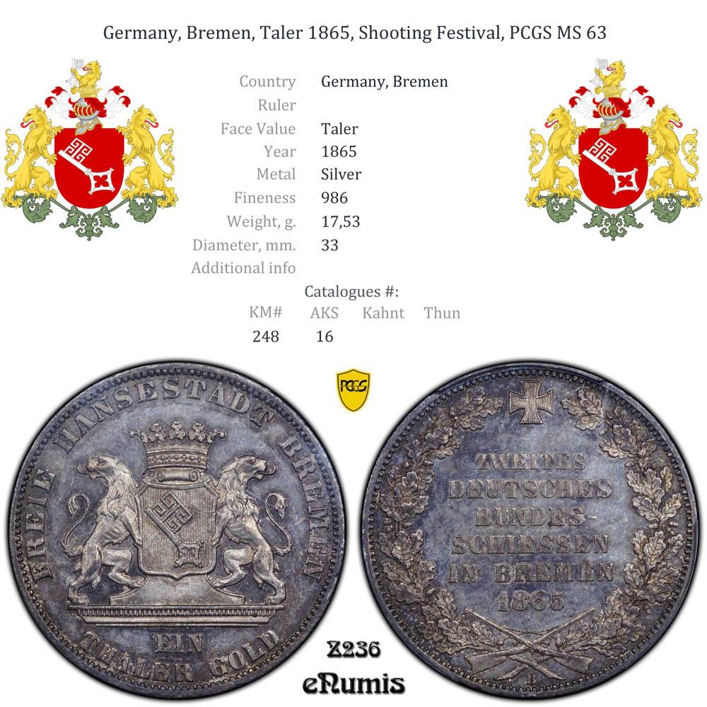 Germany, Bremen, Taler 1865, Shooting Festival, PCGS MS 63