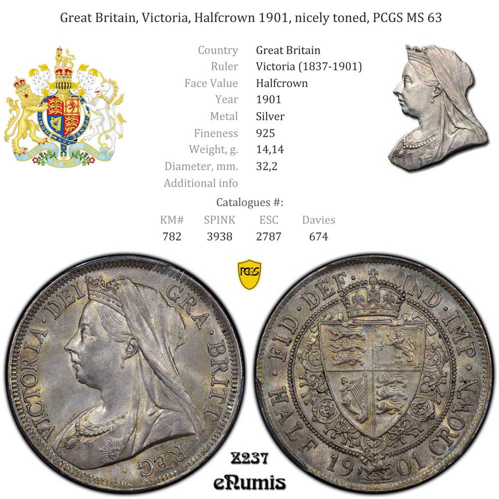 Great Britain, Victoria, Halfcrown 1901, nicely toned, PCGS MS 63