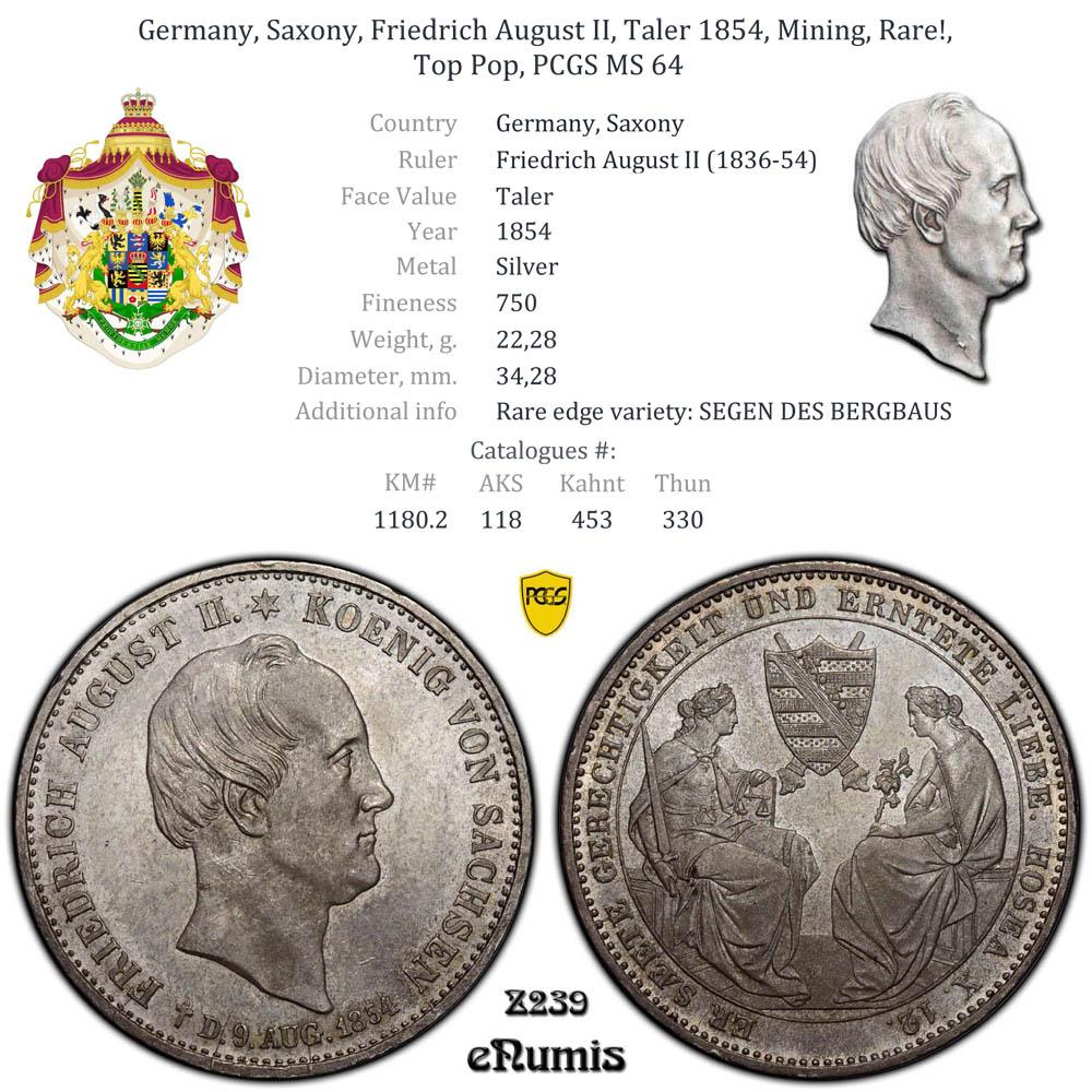 Germany, Saxony, Friedrich August II, Taler 1854, Mining, Rare!, Top Pop, PCGS MS 64