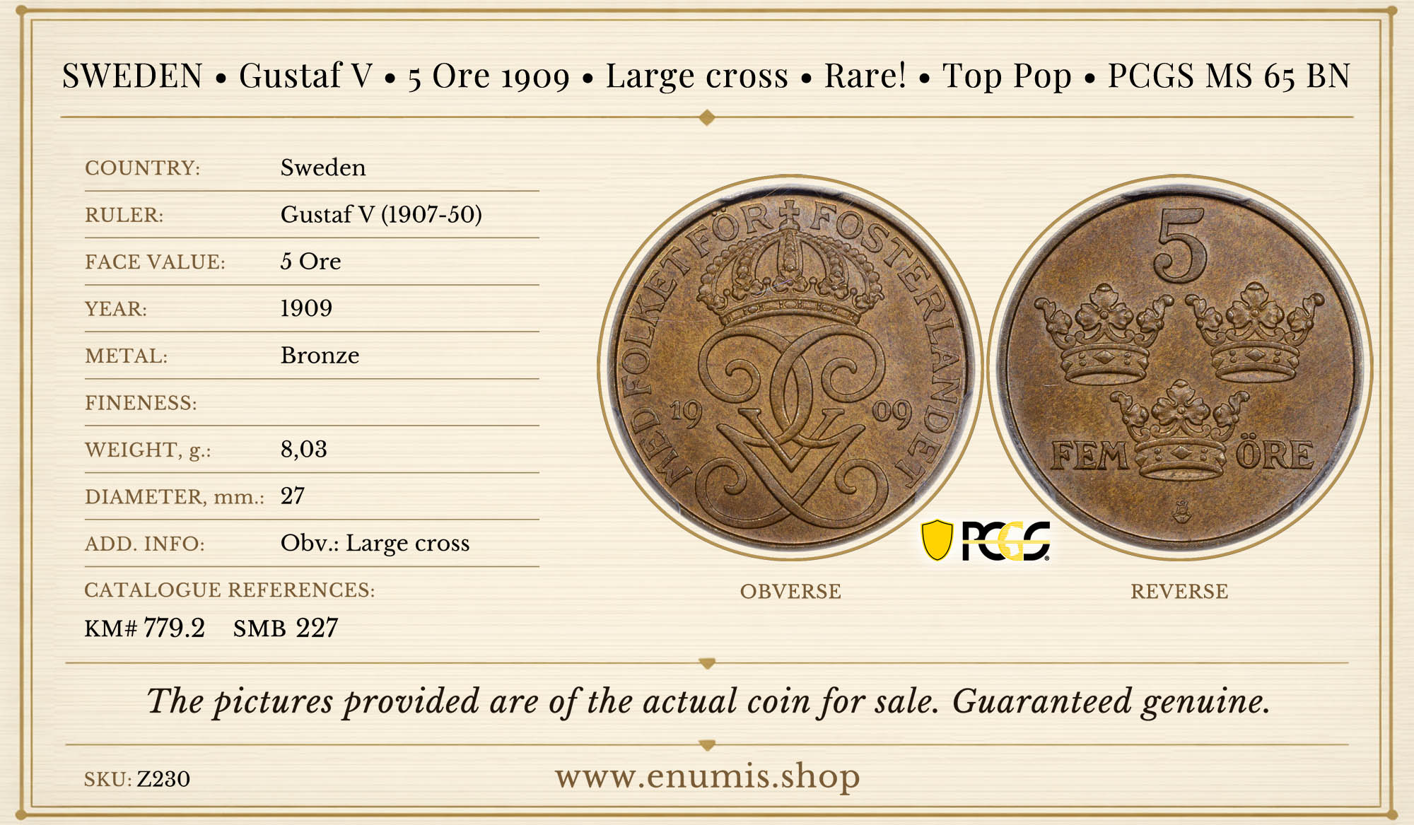 SWEDEN, Gustaf V, 5 Ore 1909, Large cross, Rare!, Top Pop, PCGS MS 65 BN