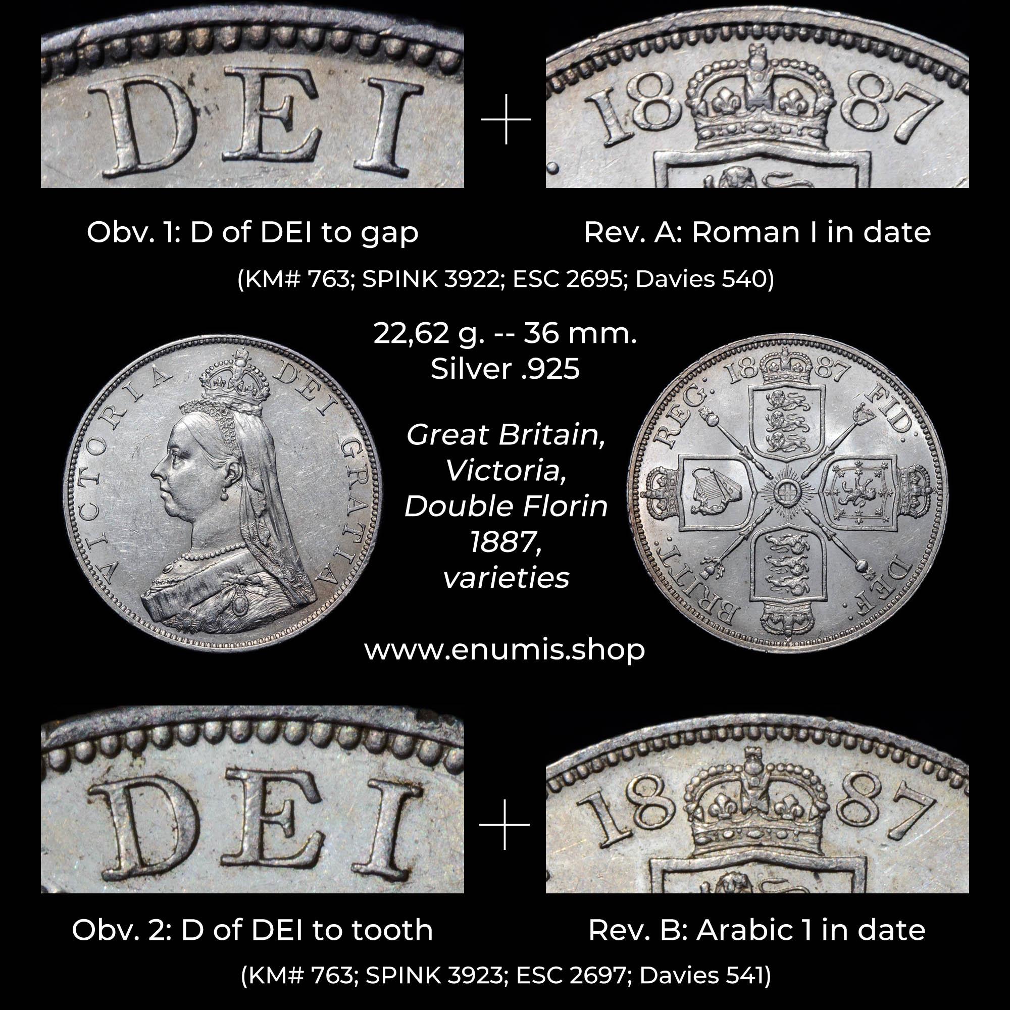 Great Britain, Victoria, Double Florin 1887, varieties