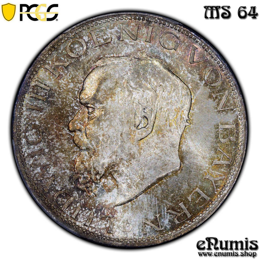 Germany, Bavaria, Ludwig III, 5 Mark 1914, nicely toned, PCGS MS 64