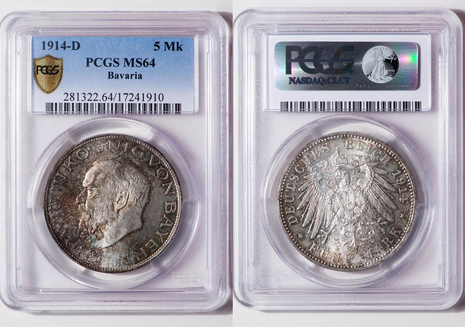 Germany, Bavaria, Ludwig III, 5 Mark 1914, nicely toned, PCGS MS 64