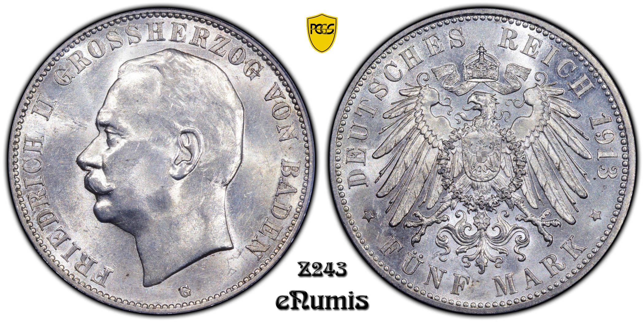 Germany, Baden, Friedrich II, 5 Mark 1913, PCGS MS 62
