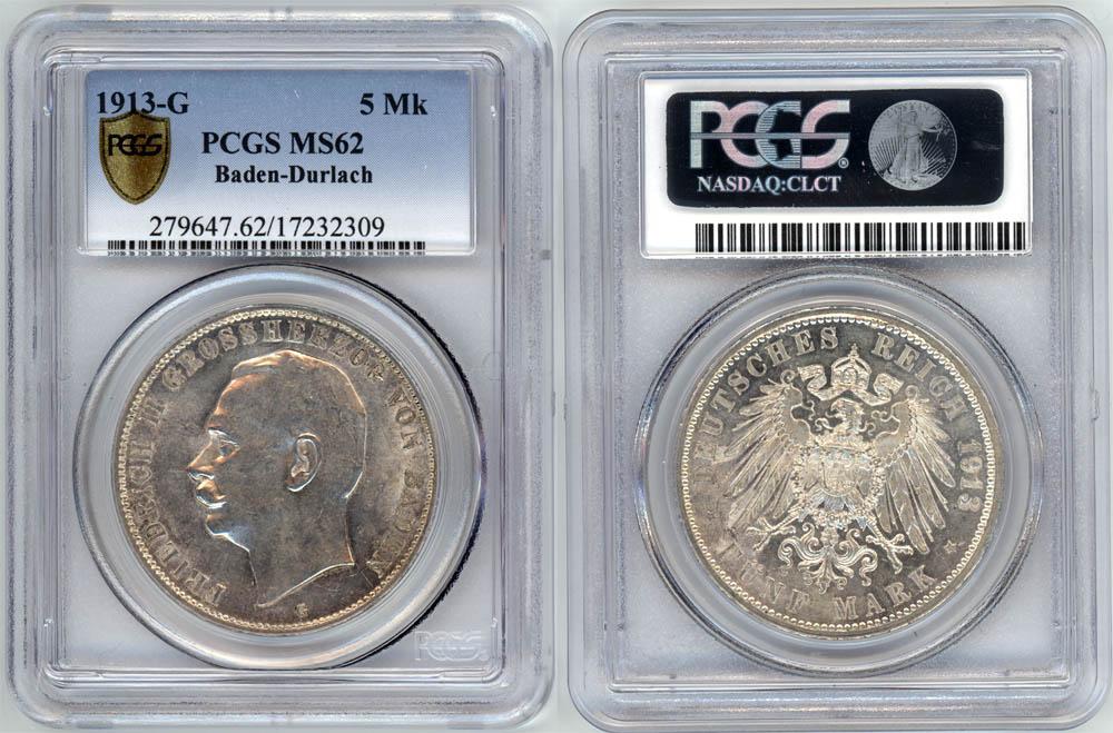 Germany, Baden, Friedrich II, 5 Mark 1913, PCGS MS 62