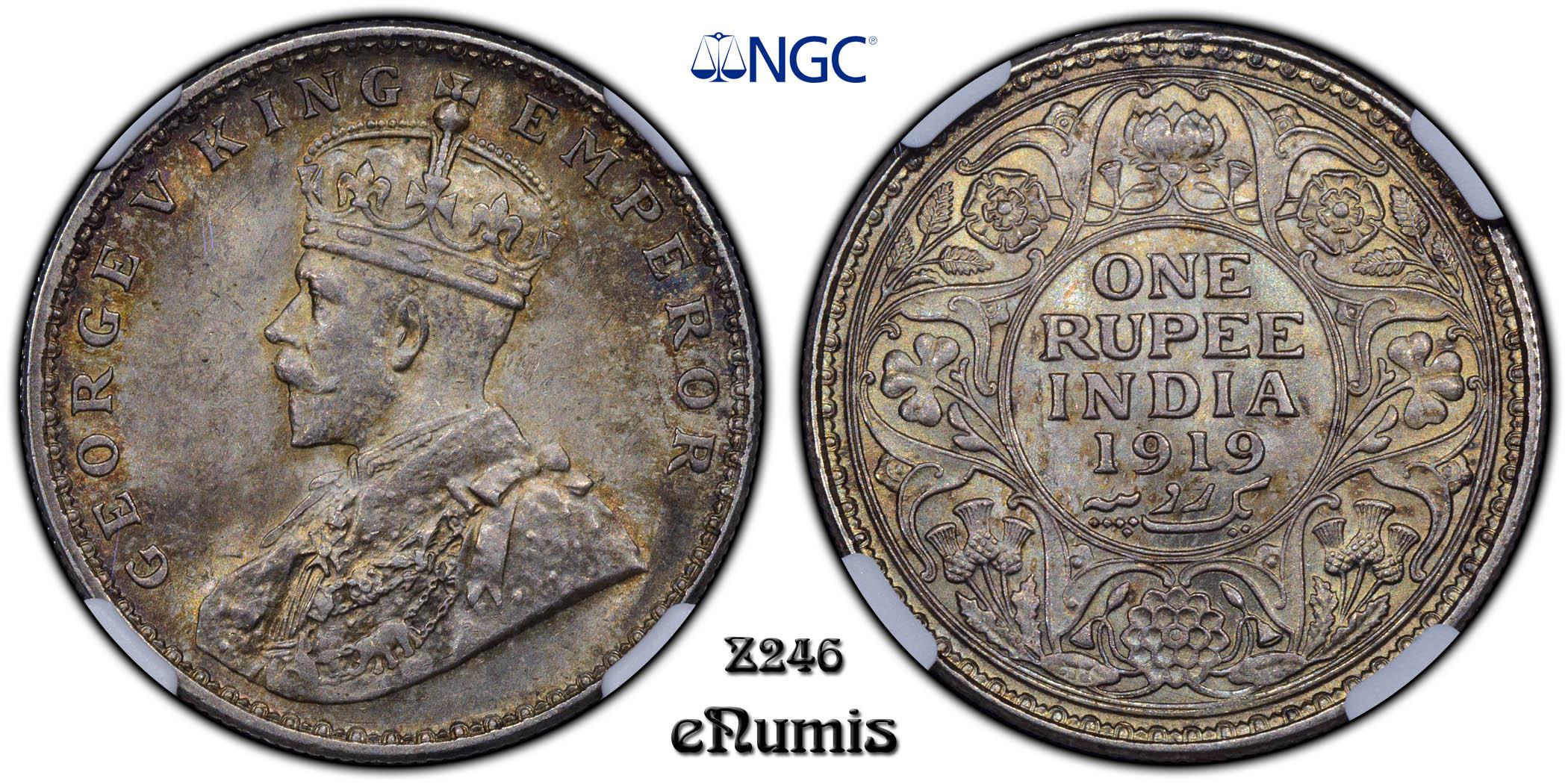 INDIA, George V, Rupee 1919, Calcutta, Nicely toned, NGC MS 63