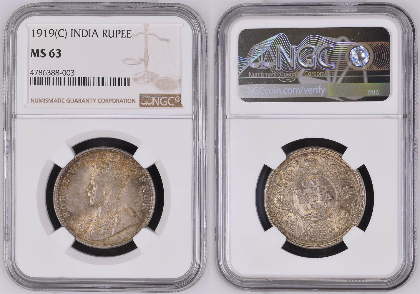INDIA, George V, Rupee 1919, Calcutta, Nicely toned, NGC MS 63