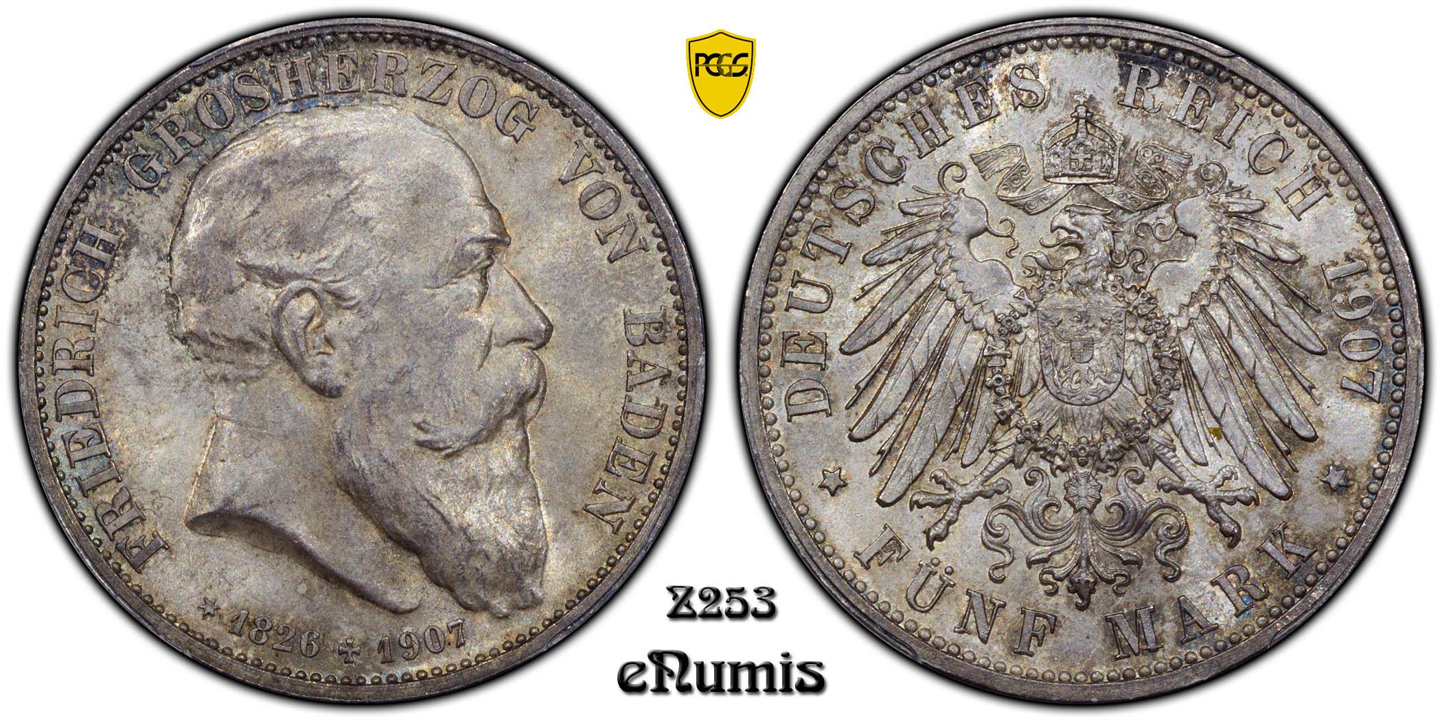 Germany, Baden, Friedrich I, 5 Mark 1907, Friedrich's death, PCGS MS 65