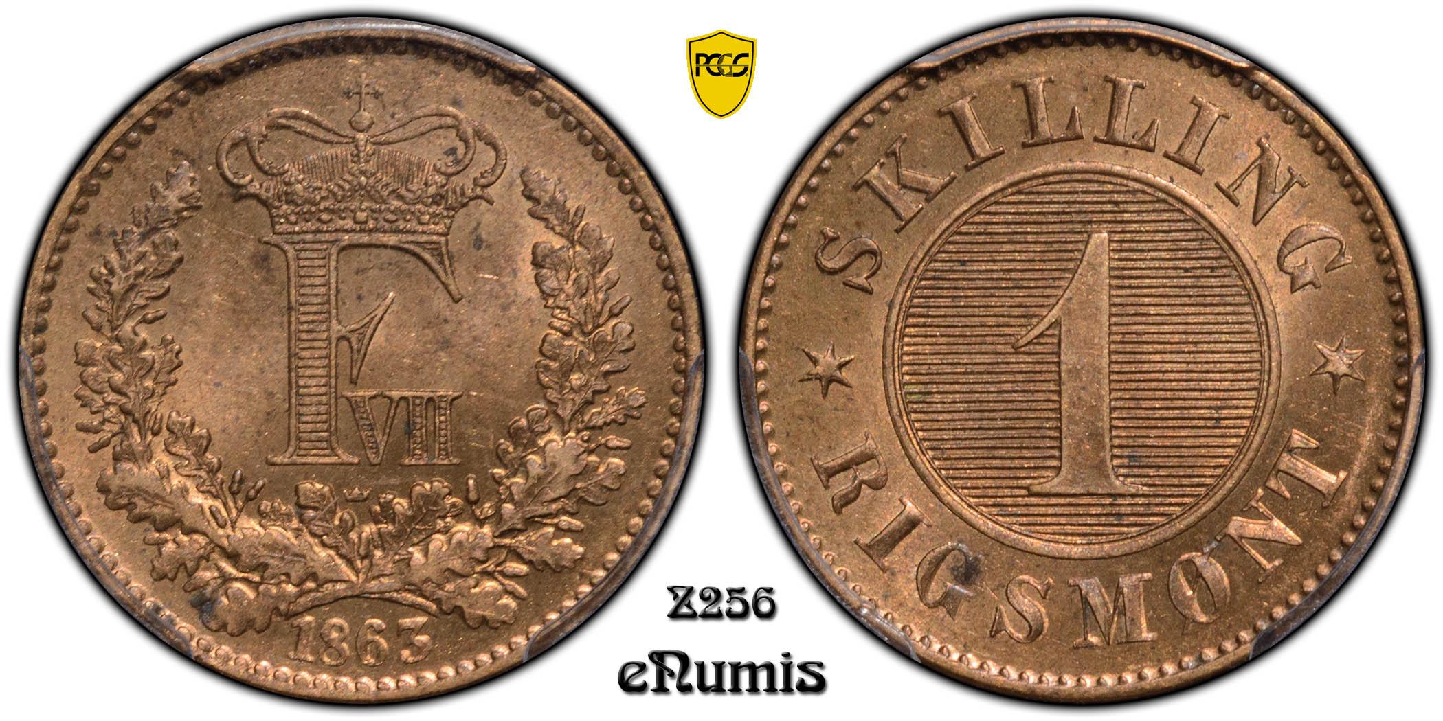 DENMARK, Frederick VII, 1 Skilling Rigsmont 1863, PCGS MS 64 RD