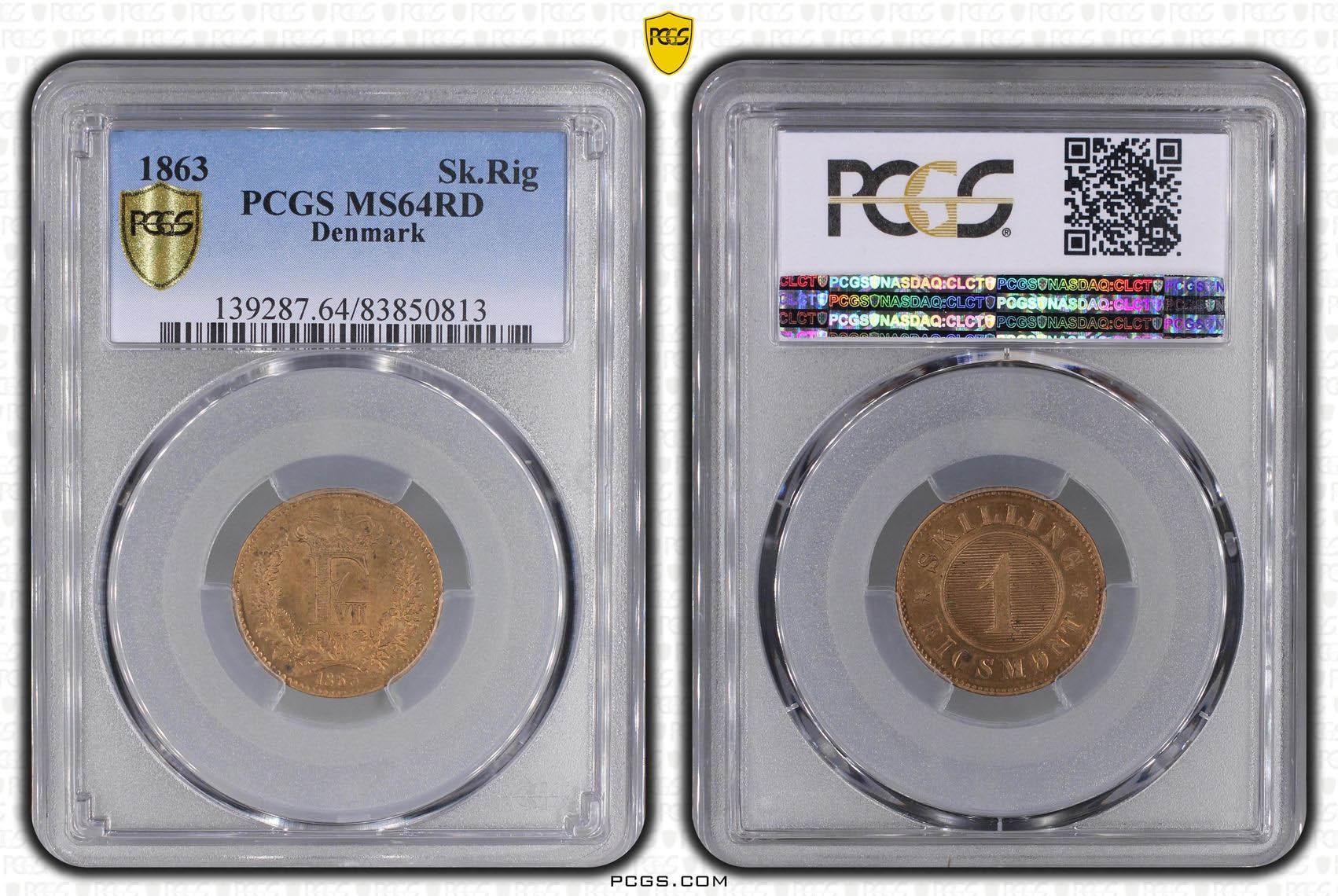DENMARK, Frederick VII, 1 Skilling Rigsmont 1863, PCGS MS 64 RD