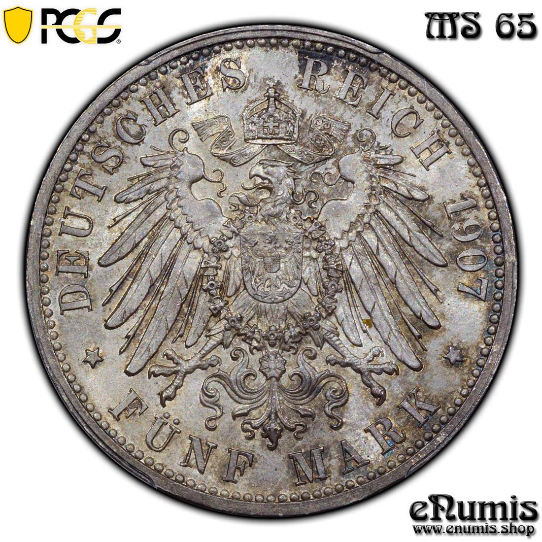 Germany, Baden, Friedrich I, 5 Mark 1907, Friedrich's death, PCGS MS 65