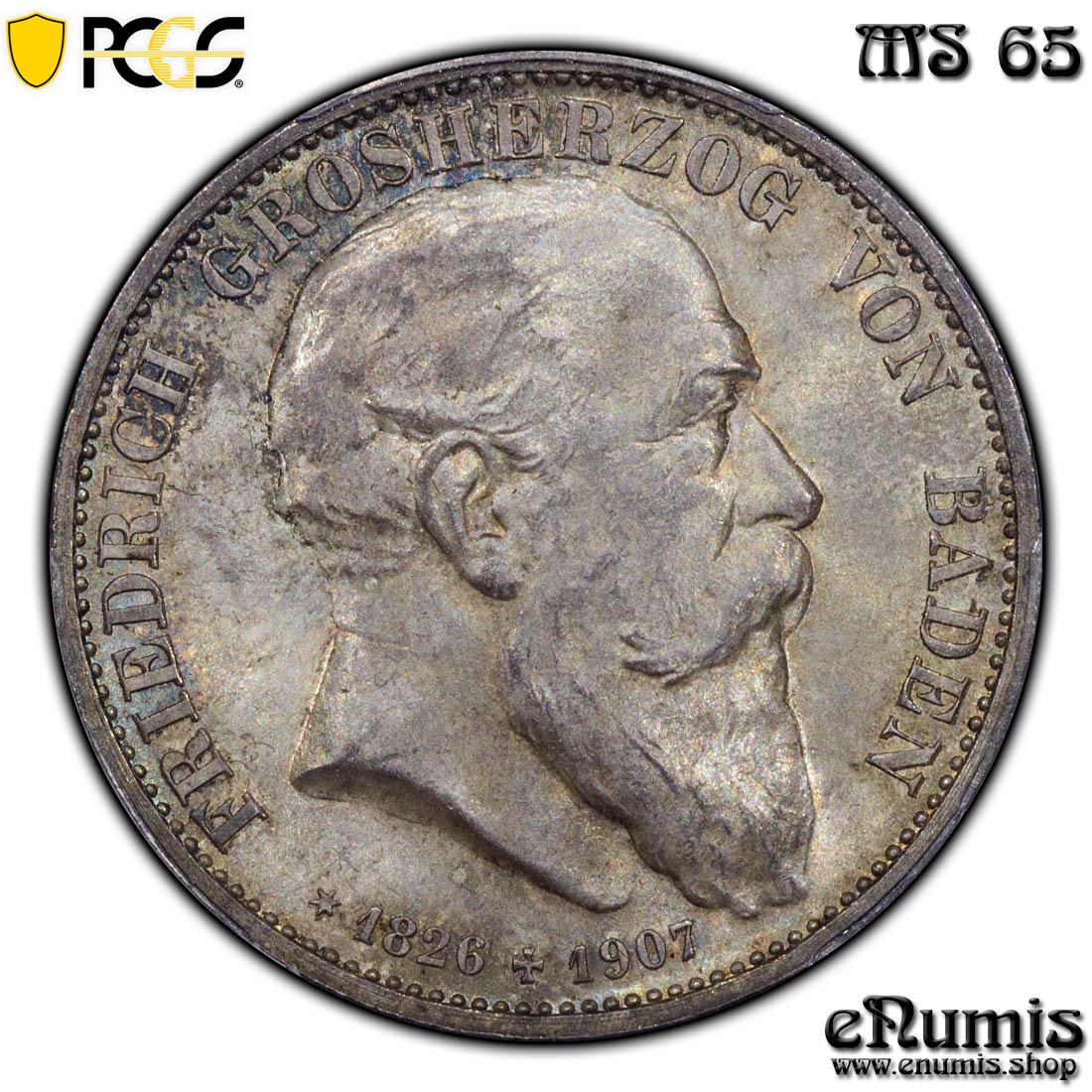 Germany, Baden, Friedrich I, 5 Mark 1907, Friedrich's death, PCGS MS 65