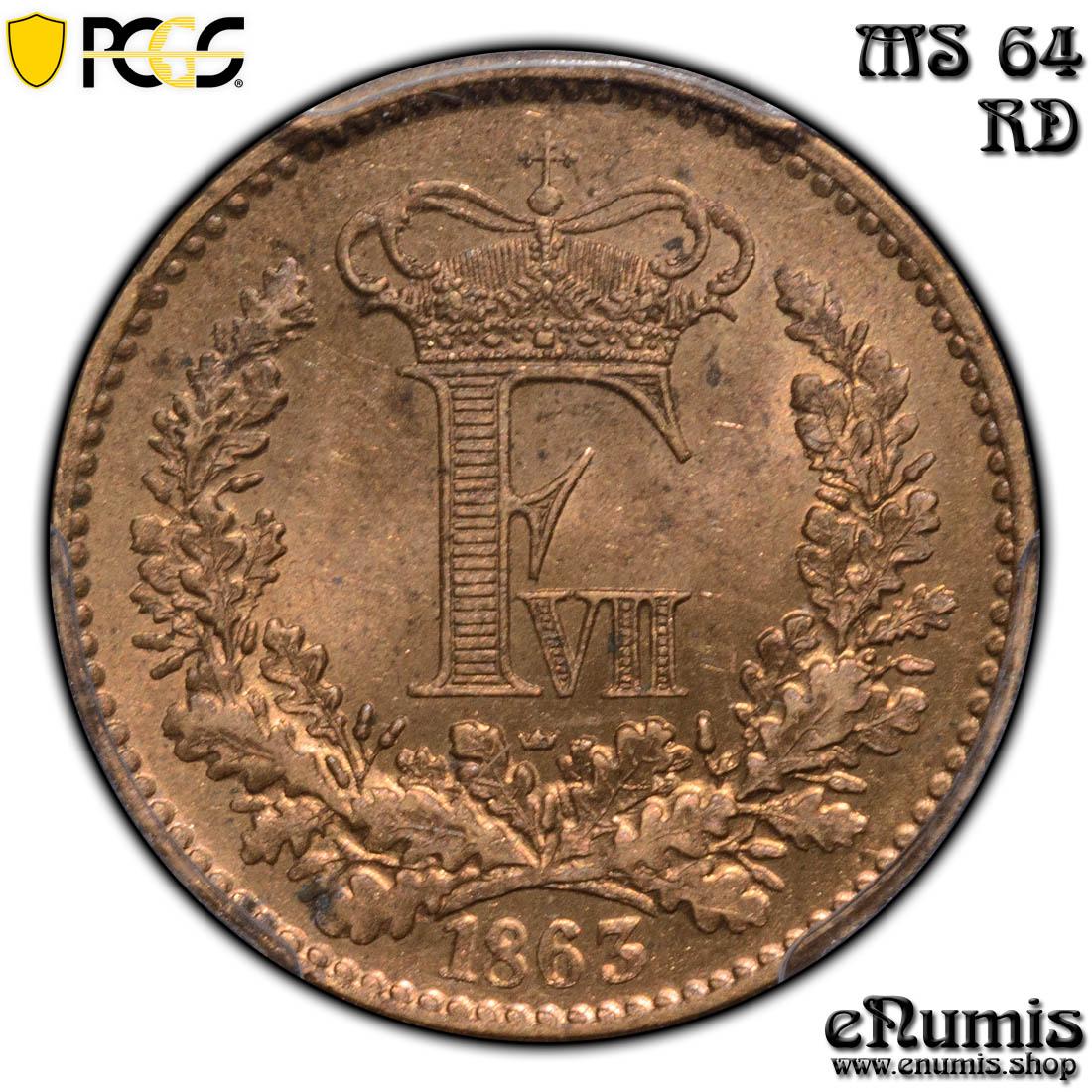 DENMARK, Frederick VII, 1 Skilling Rigsmont 1863, PCGS MS 64 RD