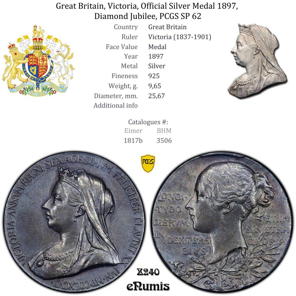 Great Britain, Victoria, Official Silver Medal 1897, Diamond Jubilee, PCGS SP 62 Great Britain, Victoria, Official Silver Medal 1897, Diamond Jubilee, PCGS SP 62