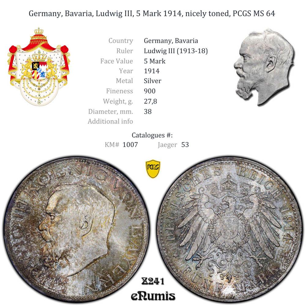 Germany, Bavaria, Ludwig III, 5 Mark 1914, nicely toned, PCGS MS 64