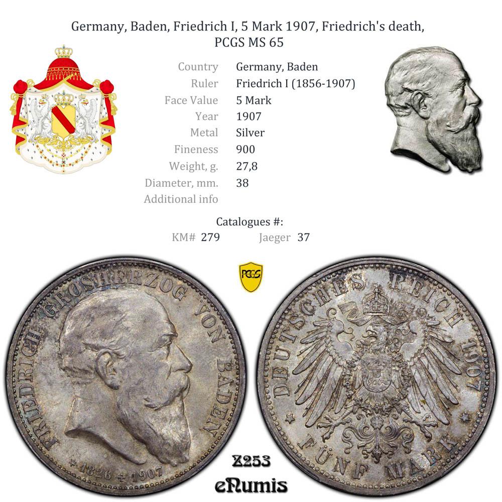 Germany, Baden, Friedrich I, 5 Mark 1907, Friedrich's death, PCGS MS 65