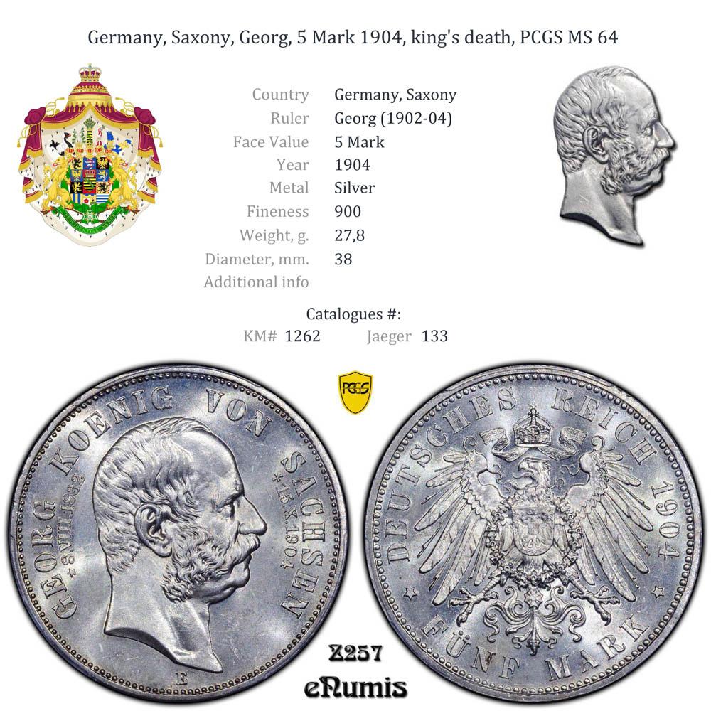 Germany, Saxony, Georg, 5 Mark 1904, king's death, PCGS MS 64