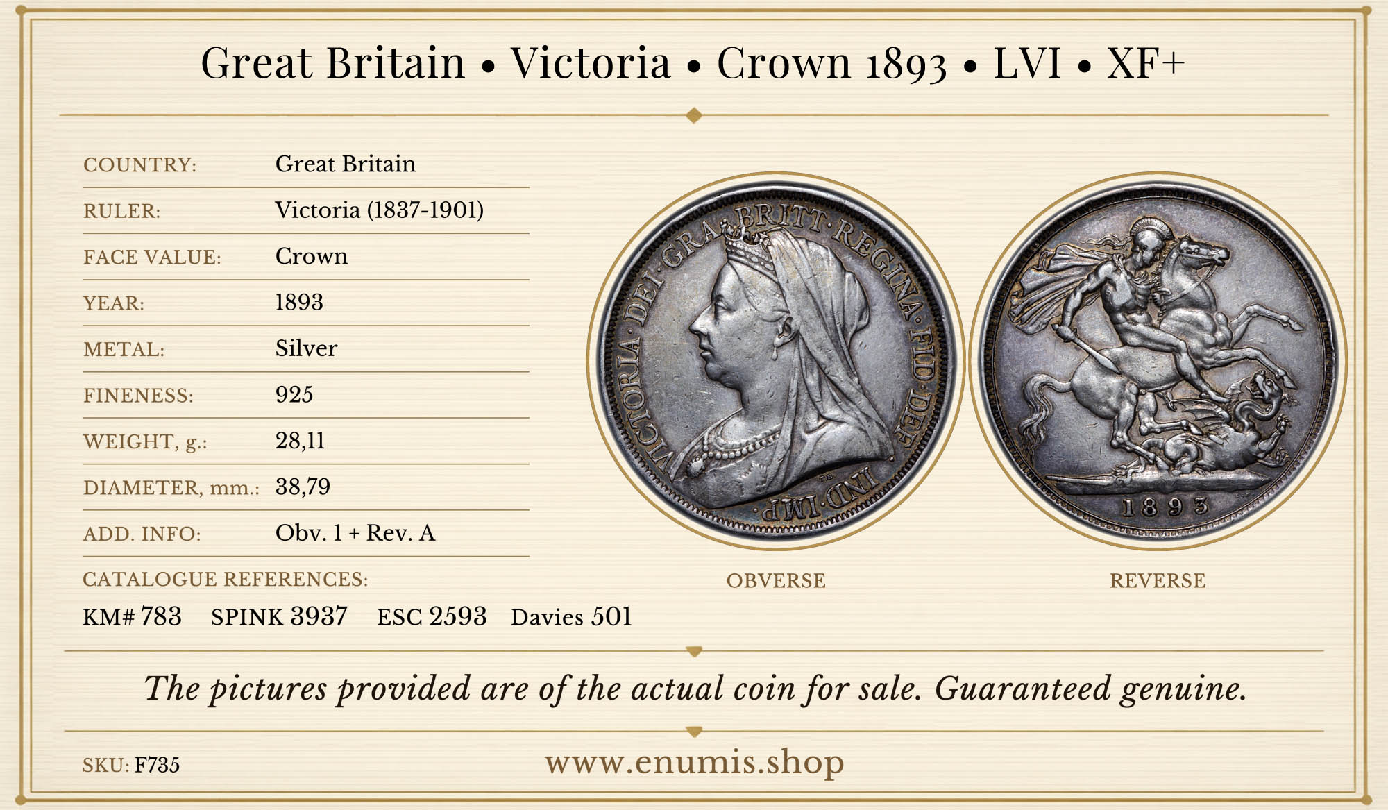 Great Britain, Victoria, Crown 1893, LVI, XF+