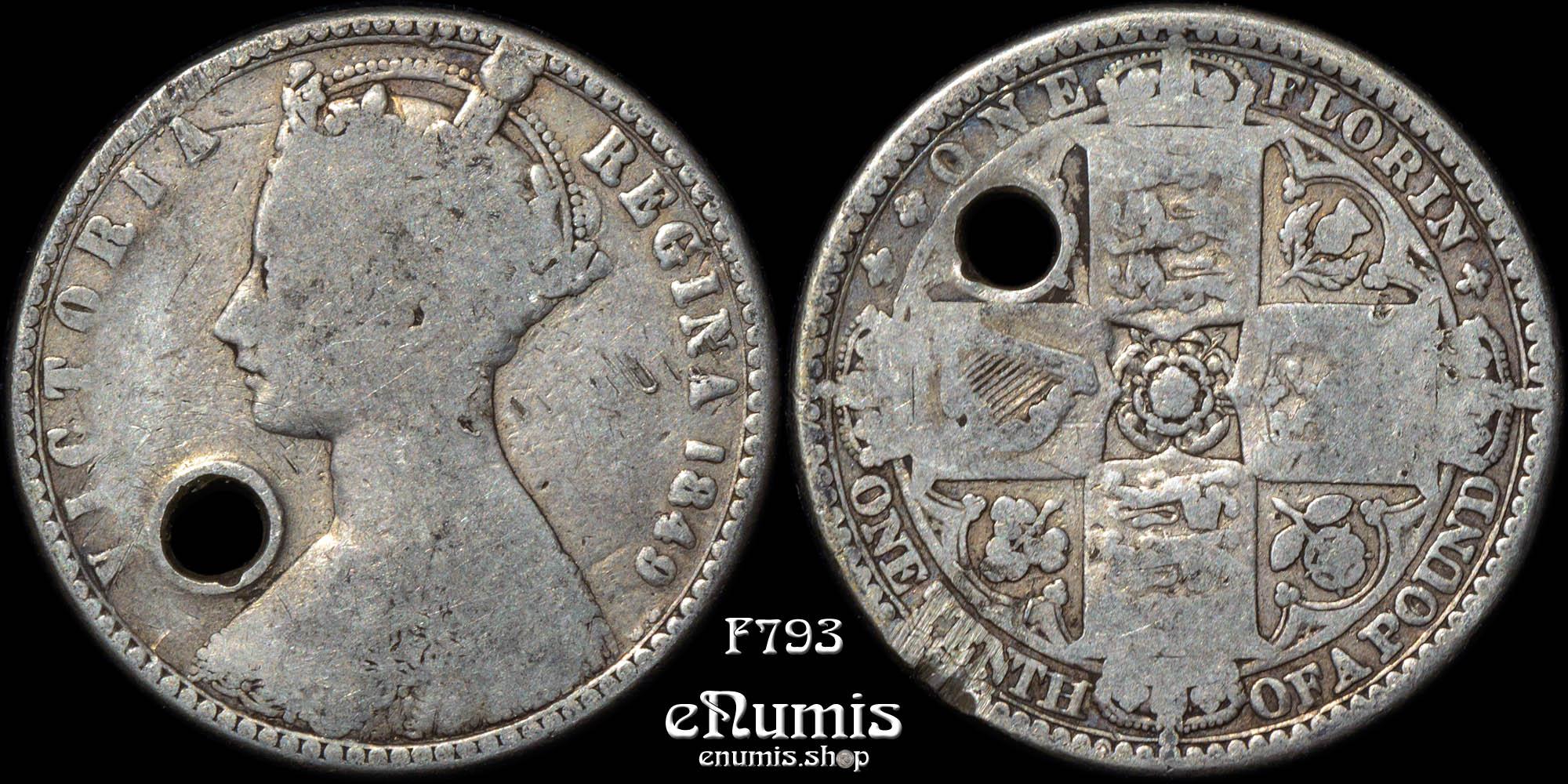 Great Britain, Victoria, Godless Florin 1849, holed, Fine