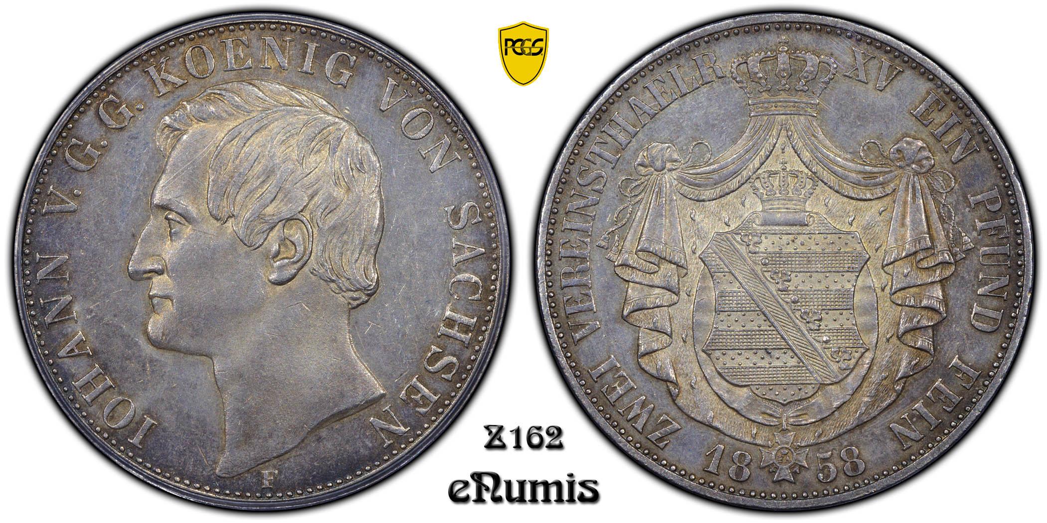 Germany, Saxony, Johann, 2 Taler 1858, Mint error VEREINSTHAELR, PCGS AU 58 Germany, Saxony, Johann, 2 Taler 1858, Mint error VEREINSTHAELR, PCGS AU 58