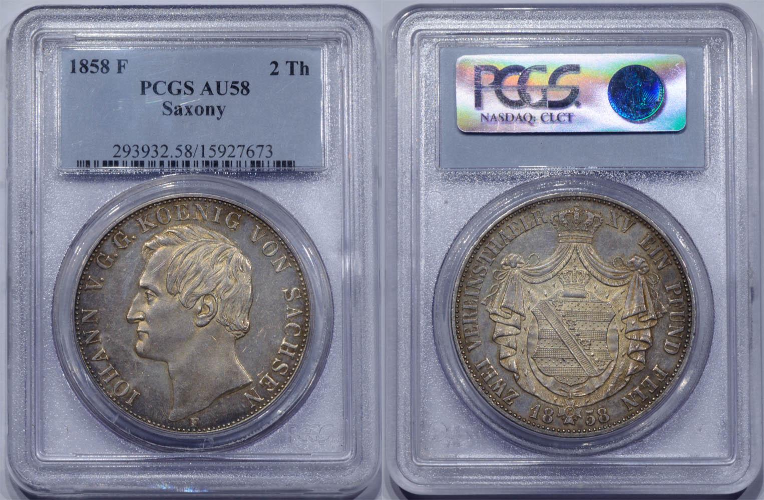 Germany, Saxony, Johann, 2 Taler 1858, Mint error VEREINSTHAELR, PCGS AU 58 Germany, Saxony, Johann, 2 Taler 1858, Mint error VEREINSTHAELR, PCGS AU 58
