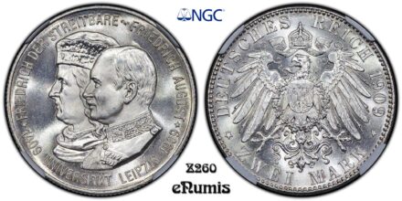 Germany, Saxony, Friedrich August III, 2 Mark 1909, Leipzig Uni., NGC MS 66