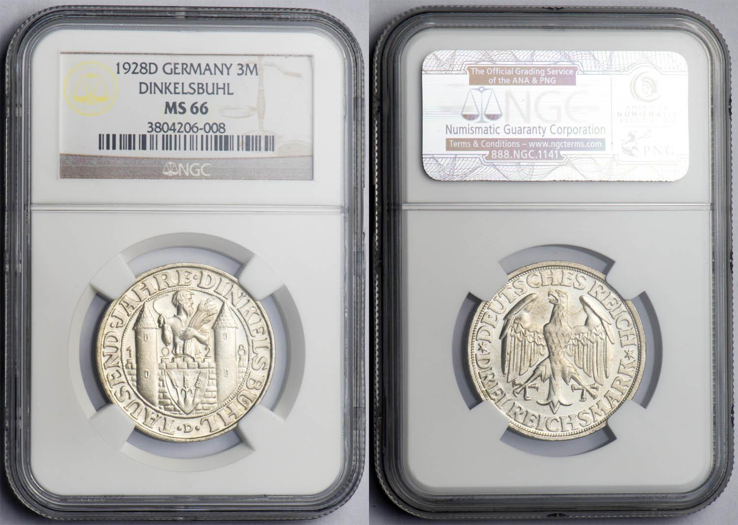 Germany, Weimar Republic, 3 Mark 1928 D, Dinkelsbuhl, NGC MS 66