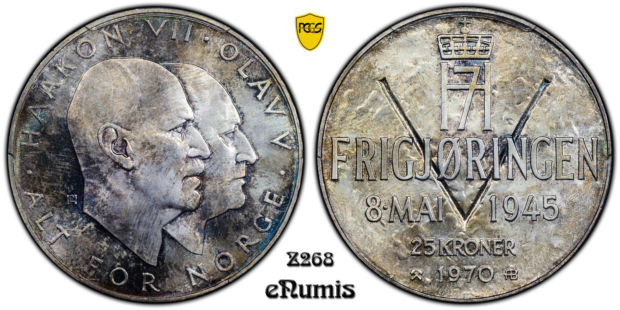 NORWAY, Olav V, 25 Kroner 1970, Anniversary of Liberation, PCGS MS 66