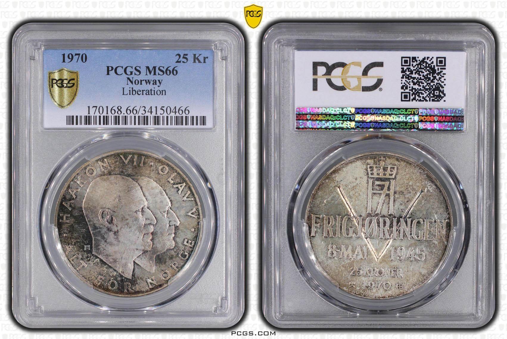NORWAY, Olav V, 25 Kroner 1970, Anniversary of Liberation, PCGS MS 66