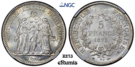 FRANCE, Third Republic, 5 Francs 1873 A, Paris, NGC MS 64