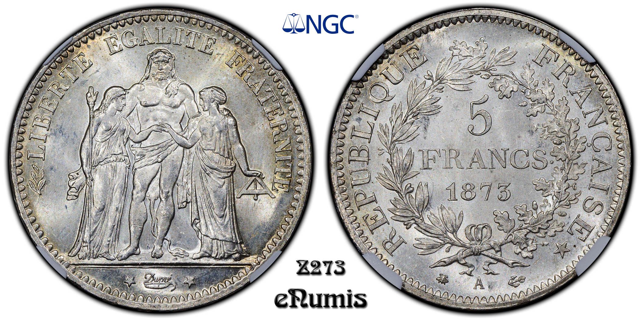 FRANCE, Third Republic, 5 Francs 1873 A, Paris, NGC MS 64