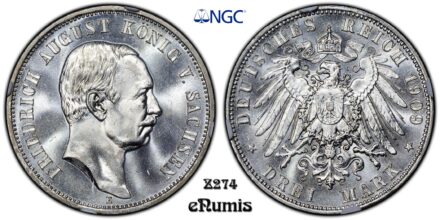 Germany, Saxony, Friedrich August III, 3 Mark 1909, NGC MS 64