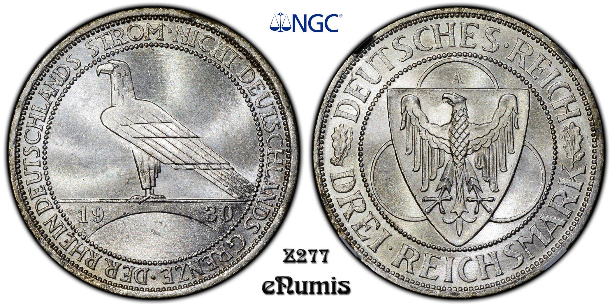 Germany, Weimar Republic, 3 Mark 1930 A, Rhineland, NGC MS 65