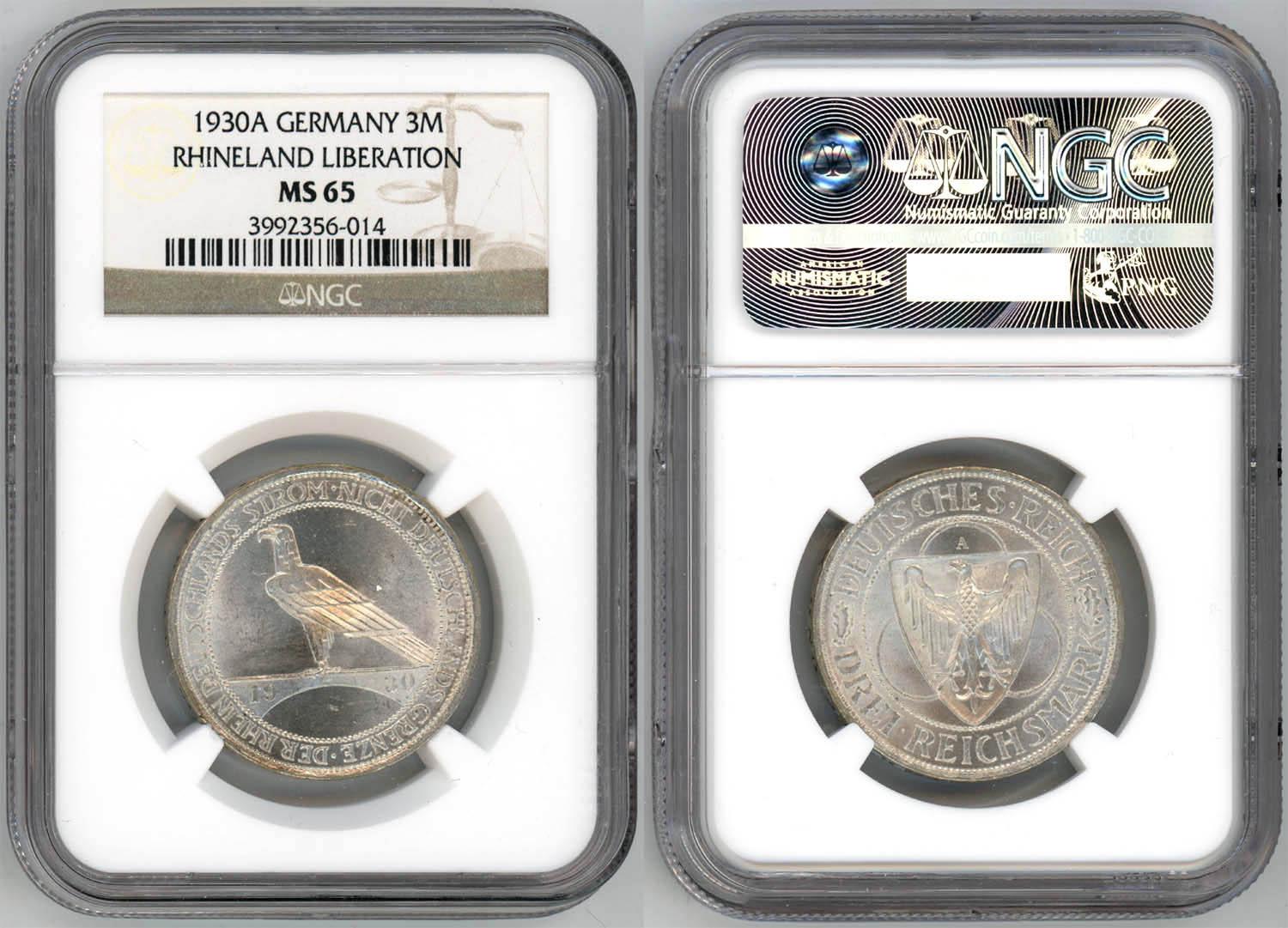 Germany, Weimar Republic, 3 Mark 1930 A, Rhineland, NGC MS 65