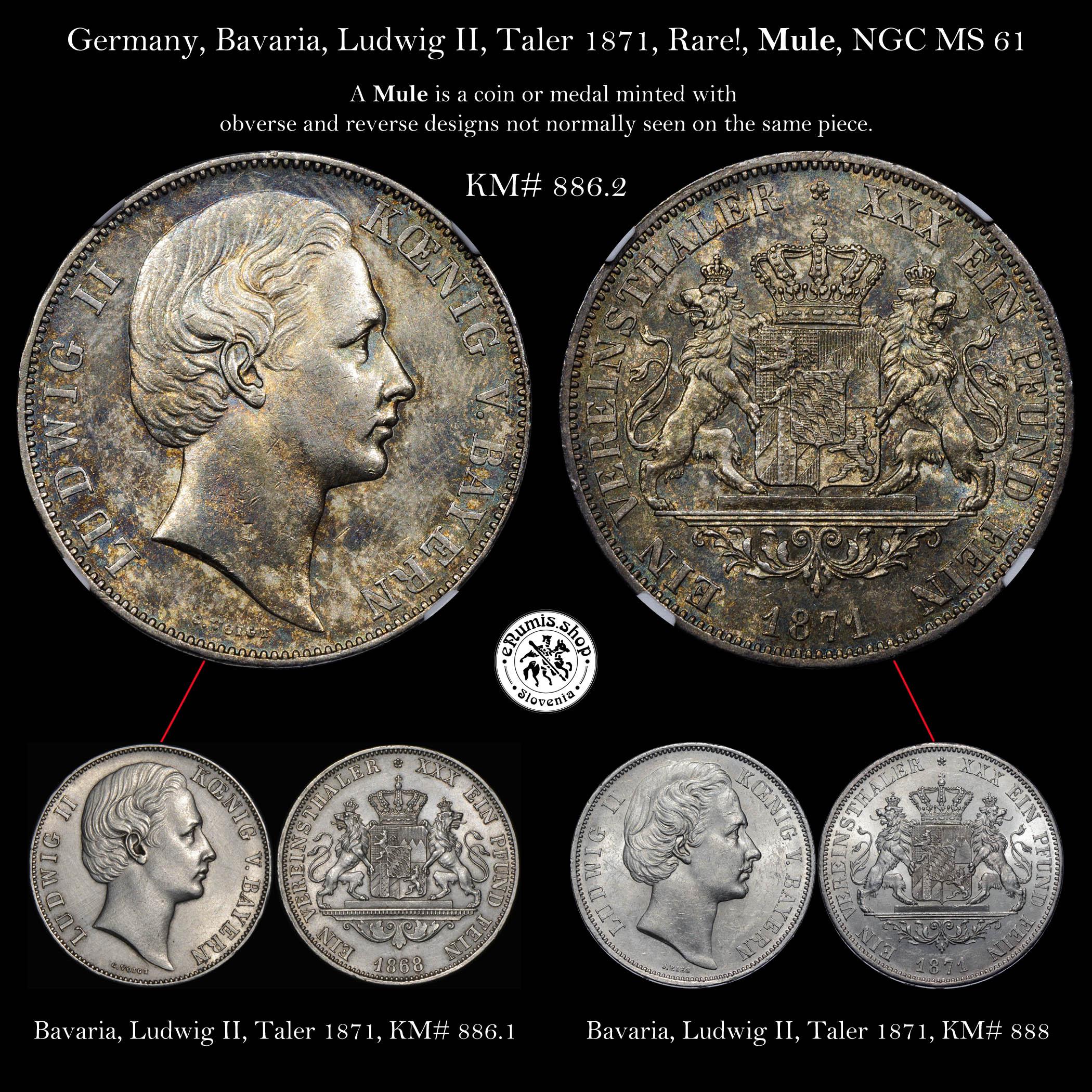 Germany, Bavaria, Ludwig II, Taler 1871, Rare!, Mule, NGC MS 61 Germany, Bavaria, Ludwig II, Taler 1871, Rare!, Mule, NGC MS 61